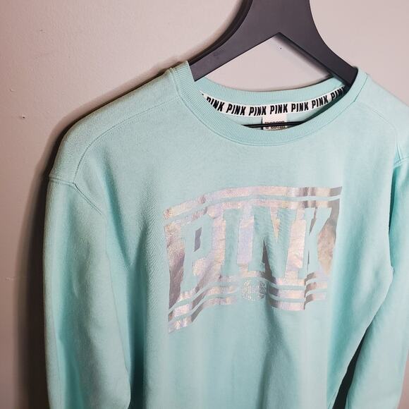 VS PINK Baby Blue Campus Crew Holographic Logo XS - Picture 11 of 11